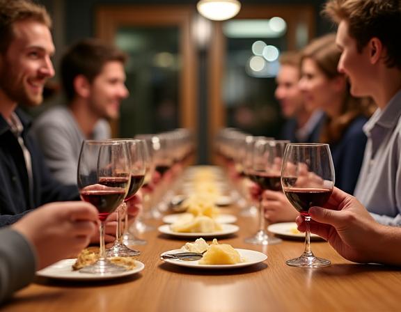Personnes dégustant du fromage et du vin autour d'une table en bois, dans une ambiance chaleureuse.